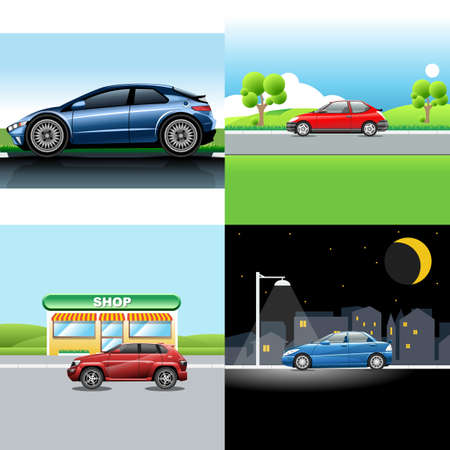 Digital vector red and blue auto car icon set, sport car on road, shop, and in the night.のイラスト素材