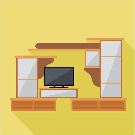 Digital vector brown cabinet furniture and tv set over yellow background isolated, flat styleのイラスト素材