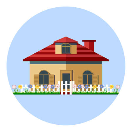 Digital vector house icon with garden, flowers and green grass, red roof in stripes, flat styleのイラスト素材