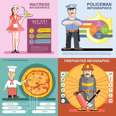 Digital vector infographics icon set, waitress, kitchen and pizza, police and firefighter, flat styleのイラスト素材
