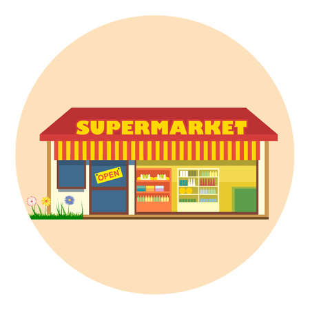 Digital vector super market building icon with open storefront and product shelves, flat styleのイラスト素材