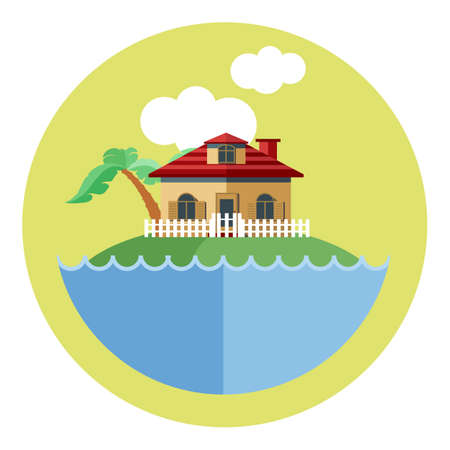 Digital vector land with water, a house, palm tree and clouds, flat styleのイラスト素材