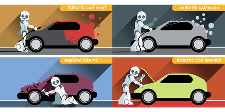 Digital vector silver happy robot set at autoservice fixing cars, painting and washing, flat styleの写真素材