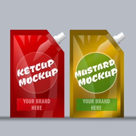 Digital vector red and brown ketchup and mustard package mockup, ready for your logo and design, flat styleのイラスト素材