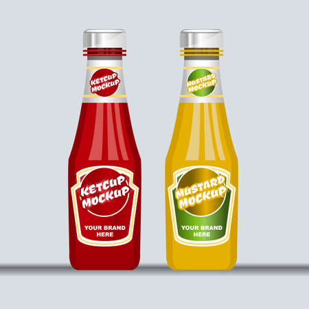 Digital vector red and brown ketchup and mustard plastic and glass bottle mockup, ready for your logo and design, flat styleのイラスト素材