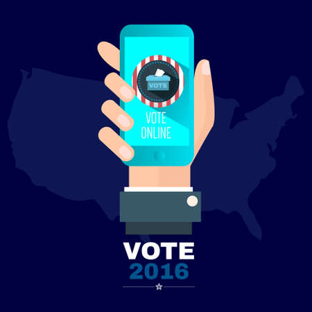 Digital vector usa election with vote 2016 online, mobile phone in hand, blue flat styleのイラスト素材