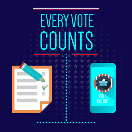 Digital vector usa election with every vote counts, vote online mobile phone, blue flat style