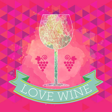 Wine tasting card, grape sign and a colored glass, red ribbon love wine. Digital vector image.のイラスト素材