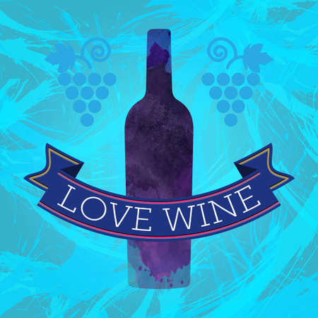 Wine tasting card, grape sign and a colored bottle, blue ribbon love wine. Digital vector image.のイラスト素材