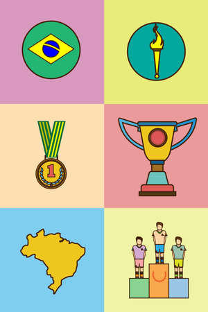 Digital vector brasil sport icons set, flag, torch, cup, medal, flat styleの写真素材