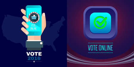 Digital vector usa presidential election with vote online, hand and mobile phone, flat styleのイラスト素材
