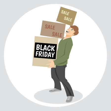 Digital vector black friday sale inscription design template with a happy man and shopping boxesの写真素材