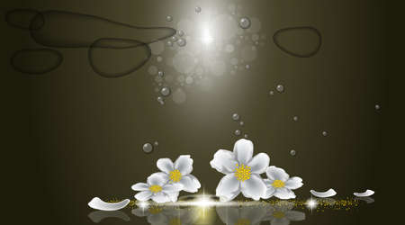 Digital vector abstract empty dark green background with sparkle, stars, water bubbles and jasmin flowers. Ready for product placement and infographic, ads, print or magazineのイラスト素材