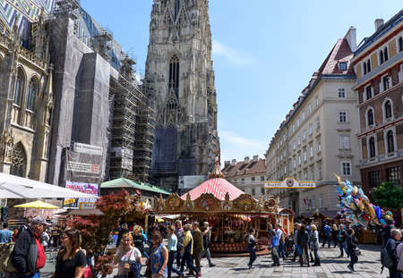 AUSTRIA, VIENNA - MAY 14, 2016: Photo of saint stephens cathedral and christmas market, is the mother church of the roman empireのeditorial素材
