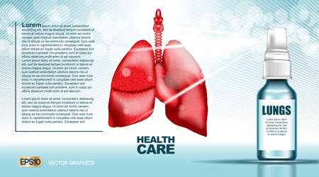 Digital vector red lungs structure infographics of breaving healthcare mockup and medicine container, with your brand, ready for print ads or magazine design. Blue and shine, realistic 3d styleのイラスト素材