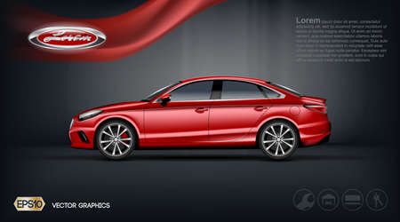Digital vector red model sedan car with 2 seats and black windows mockup, your brand, ready for print ads or magazine design. Dark background with ribbon. Transparent and shine, realistic 3d styleのイラスト素材