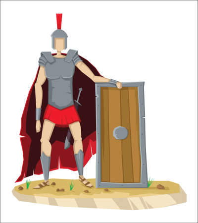 Digital vector tall roman legionnaire with armor, sword and a shield, isolated on white, cartoon flat styleのイラスト素材