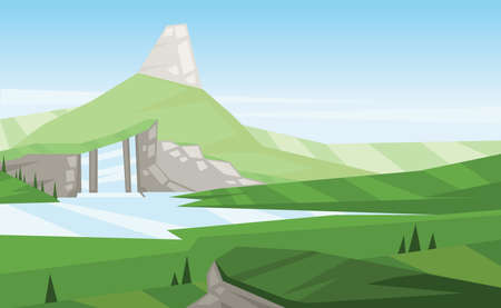 Digital vector abstract background with trees, a waterfall in the mountains and silver stones, green fields, flat cartoon triangle styleのイラスト素材