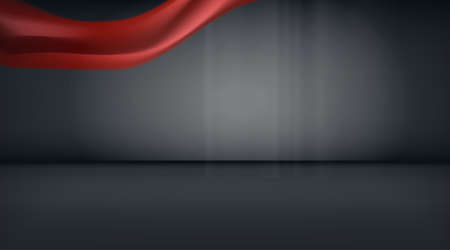 Digital vector abstract empty black background with light waves and red ribbonor decoration and gifts. Ready for product placement and infographic, ads, print or magazineのイラスト素材