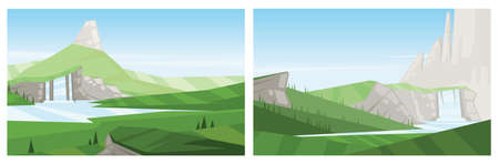 Digital vector abstract background collection set with trees, a waterfall in the mountains and silver stones, green fields, flat cartoon triangle styleのイラスト素材