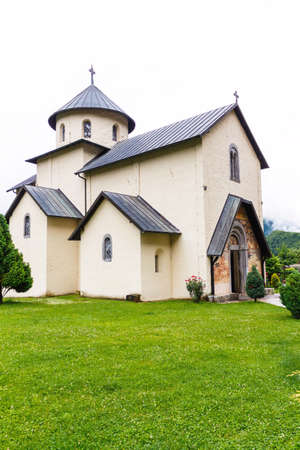 View of moraca monastery and green garden near Budva old city, Montenegroの写真素材