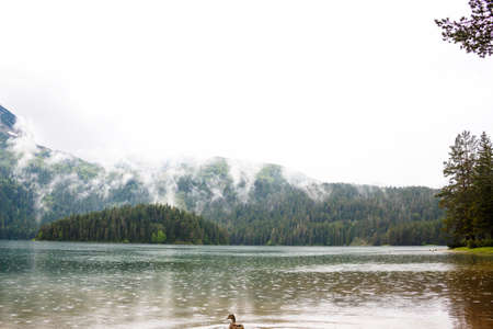 Lake in mountains with fog near Budva old city in Montenegroの写真素材