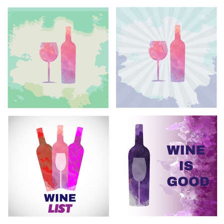 Wine tasting card set, with colored bottle and a glass over a burgundy background. Digital vector image.の写真素材