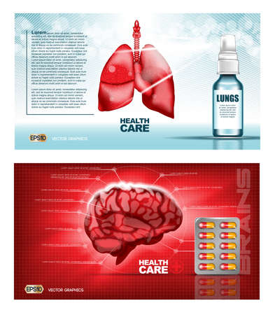 Digital vector red lungs and brain structure infographics of breaving healthcare mockup and medicine container, ready for print ads or magazine design. Blue and shine, realistic 3d styleのイラスト素材