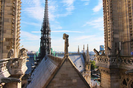 View on Notre-Dame Cathedral towers, blue sky, paris city, franceの写真素材
