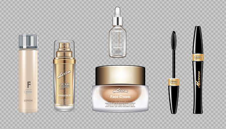 Digital vector eye care cream, eyelash applicator and mascara brush cosmetic container set mockup collection, cream, glass lotion container. Transparent and shine template, realistic 3d styleのイラスト素材