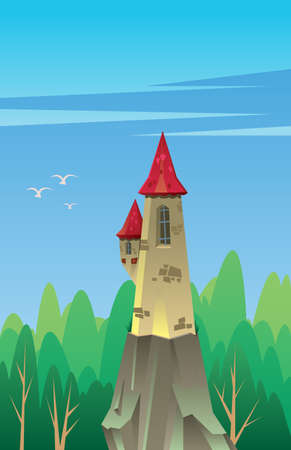 Digital vector, fairytale and fantasy castle with red roof built on a rock in the green forest, dark blue sky with white birds, flat styleの写真素材