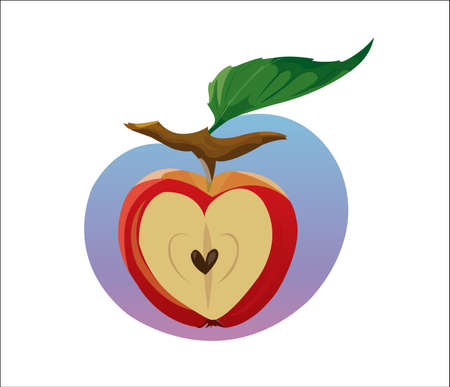 Digital vector funny cartoon growing red apple with seeds, section in shape of heart cut, green leaf, abstract flat styleのイラスト素材