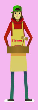 Digital vector kid cartoon simple character delivering flowers worker fast courier, abstract flat styleのイラスト素材