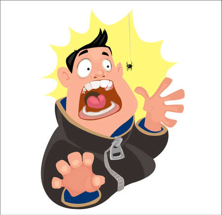 Digital vector funny cartoon crazy man character scared by a spider, mouth white open big tongue and white teeth, abstract flat styleのイラスト素材