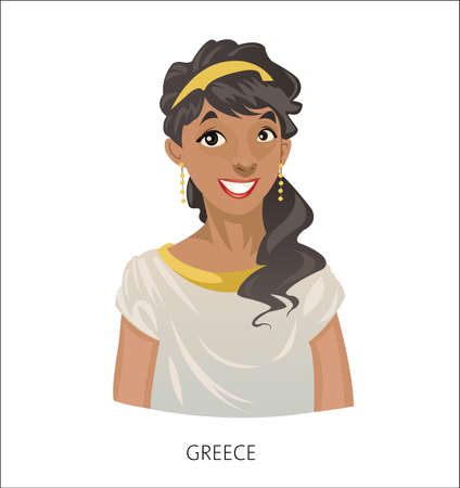 Digital vector funny cartoon smiling greek woman in national dress, black curled hair, abstract flat styleのイラスト素材