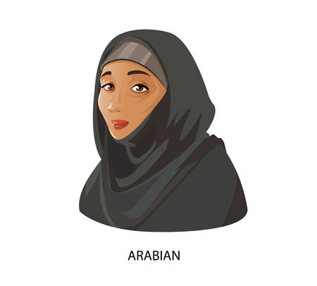 Digital vector funny cartoon arabian muslim woman in black dress dark face, abstract flat styleのイラスト素材