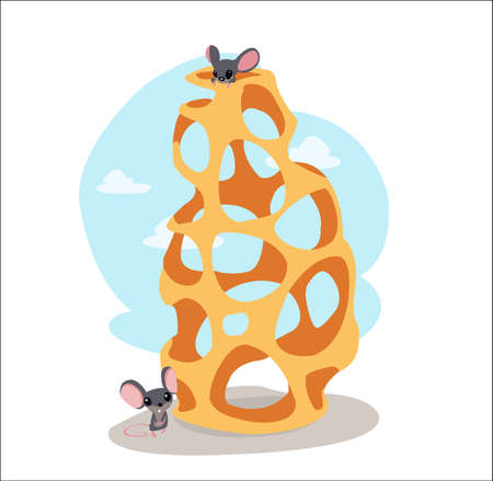 Digital vector funny cartoon cheese labyrinth with happy mice on top and at the bottom, abstract flat styleのイラスト素材