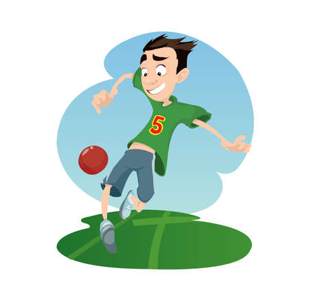 Digital vector funny comic cartoon happy kid boy enjoying playing soccer football with a red ball, dressed in green tshirt, hand drawn illustration, abstract realistic flat styleの写真素材