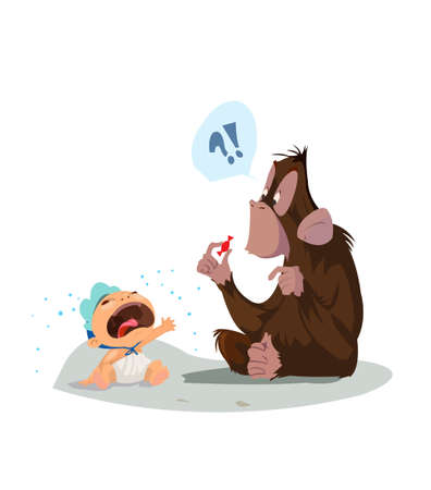 Digital vector funny comic cartoon colored monkey wondering what a red candy is and crying baby, hand drawn illustration, abstract realistic flat styleのイラスト素材