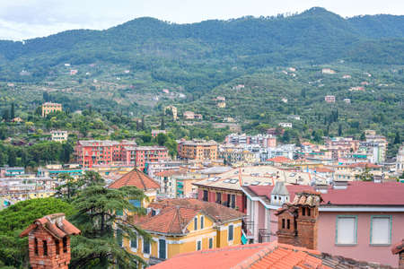 Beautiful evening sunset view from top to Santa Margherita Ligure city. Blue sky and colorful buildings. Italy beauties.の写真素材