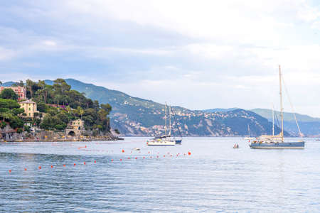 Daylight beautiful view to ships cruising on water and blue sky. Santa Margherita Ligure, Italyの写真素材