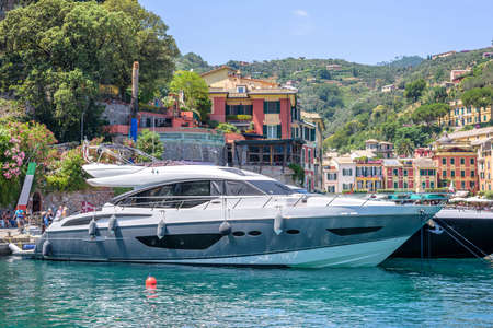 Beautiful rich yacht parked near Portofino port in Italy. Closeup photo.の写真素材