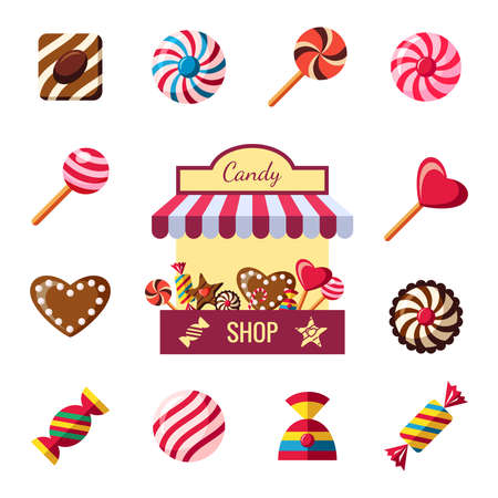 Digital vector red brown sweet candies icons with drawn simple line art info graphic, presentation with shop, sweety, chocolate and cookies elements around promo template, flat styleのイラスト素材