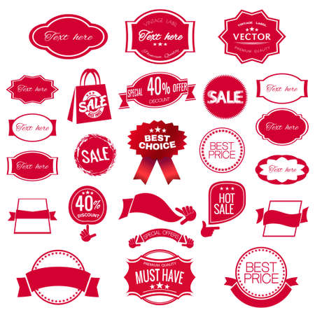 Digital vector red modern sale stickers collection, ribbon and badges, tags with text, limited edition, best choice, special offer, flat style iconのイラスト素材