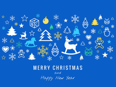 Digital vector blue happy new year merry christmas icons with drawn simple line art info graphic, presentation with toys and gifts elements around promo template, flat styleのイラスト素材