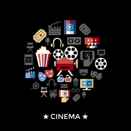 Digital vector red black cinema icons with drawn simple line art info graphic, presentation with screen, movie and old camera elements around promo template, flat styleのイラスト素材