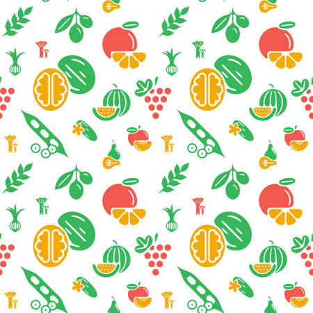Digital green yellow vegetable icons set infographics drawn simple line art pattern, onion squash pear orange apple grape carrot wallnut peas watermelon cabage, flat, organic vegetarian foodのイラスト素材