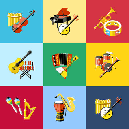 Digital vector blue red music instruments icons with drawn simple line art info graphic, presentation with guitar, piano, drums and sound elements around promo template, flat styleのイラスト素材