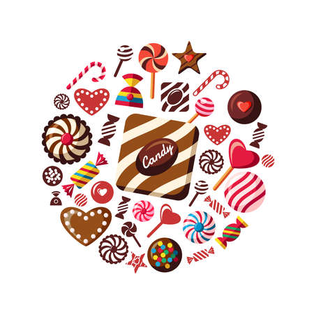 Digital vector red brown sweet candies icons with drawn simple line art info graphic, presentation with sweety, chocolate and cookies elements around promo template, flat styleのイラスト素材