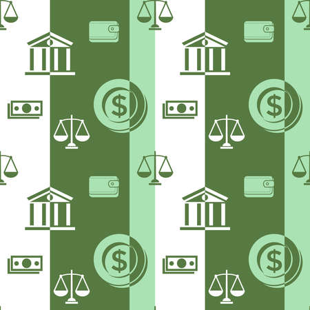 Digital vector green business icons with drawn simple line art info graphic seamless pattern, card calculator coin wallet bank safe balance money, flat styleのイラスト素材